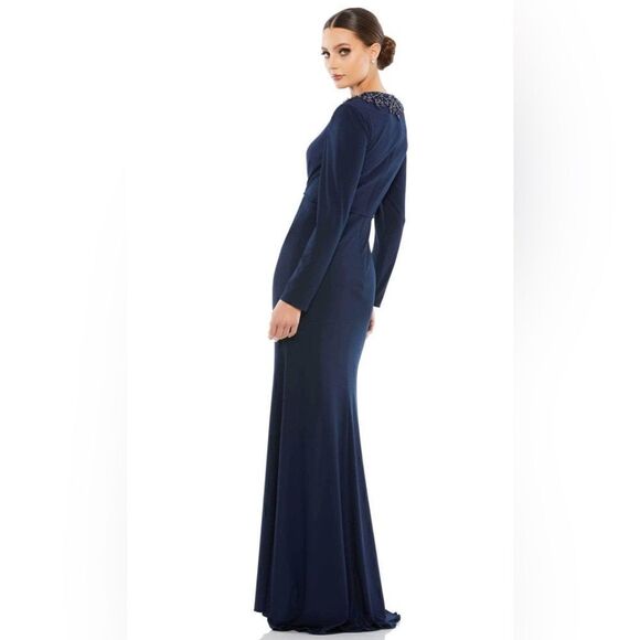 MAC DUGGAL 55713 BEADED HIGH NECK FRONT TWIST LONG SLEEVE TRUMPET GOWN 12 NWT - Picture 4 of 9